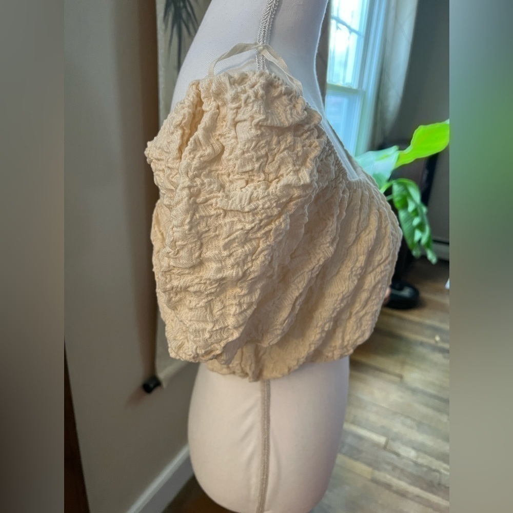 Zara Cotton Blend Gauzy Textured Square Neck Puff Sleeves Crop Top Cream L - Picture 9 of 17